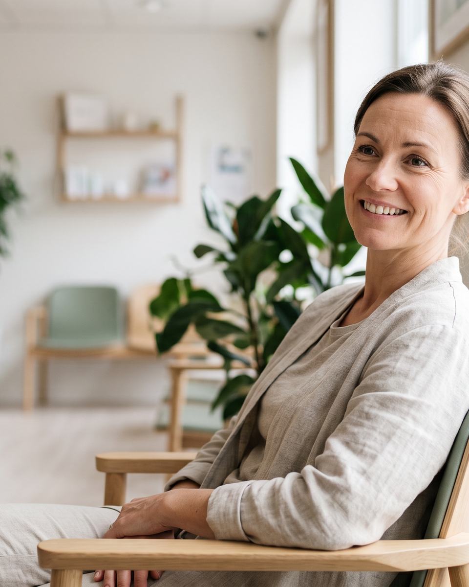 Avslappnad patient i väntrummet på en ljus tandklinik