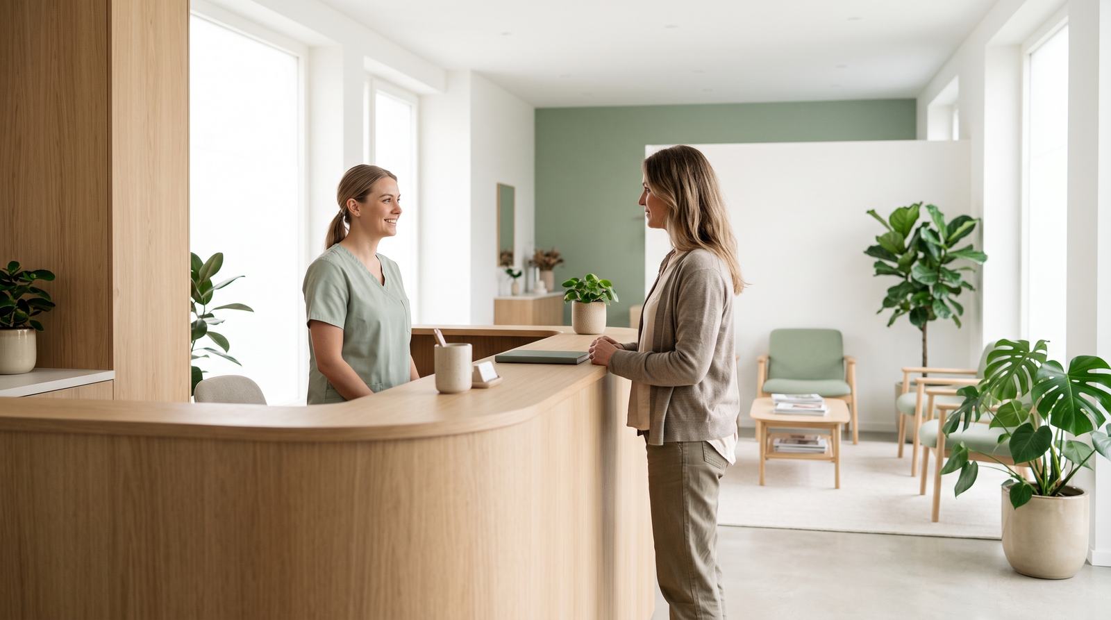 Ljus, modern receptionsdisk på en tandklinik där en tandsköterska hälsar en patient välkommen