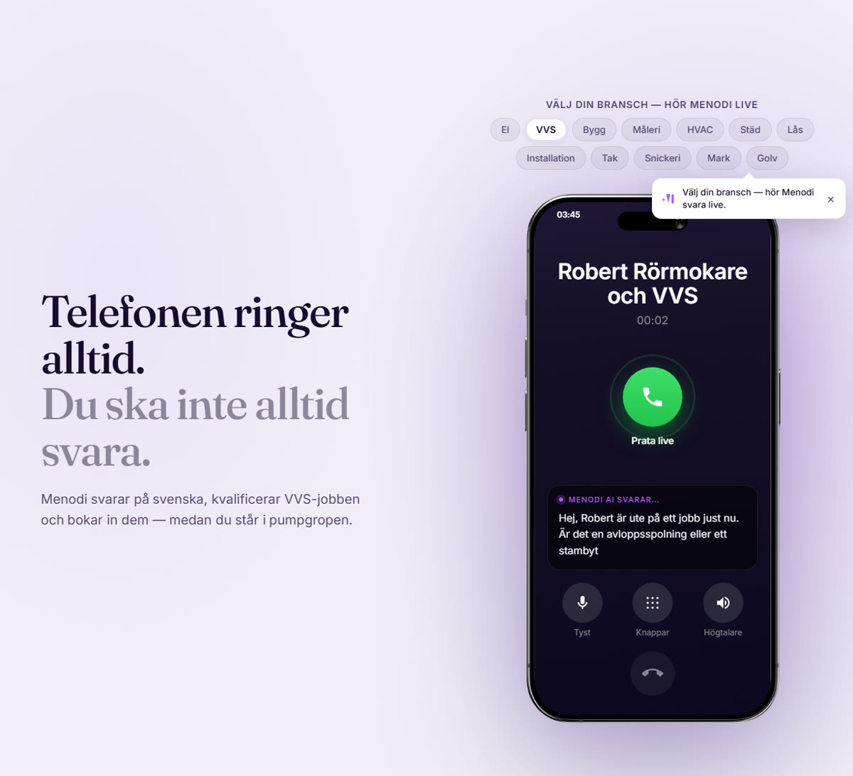 Telefonpassning med AI: Menodi svarar samtalet i mobilen, pratar svenska och bokar in ärendet