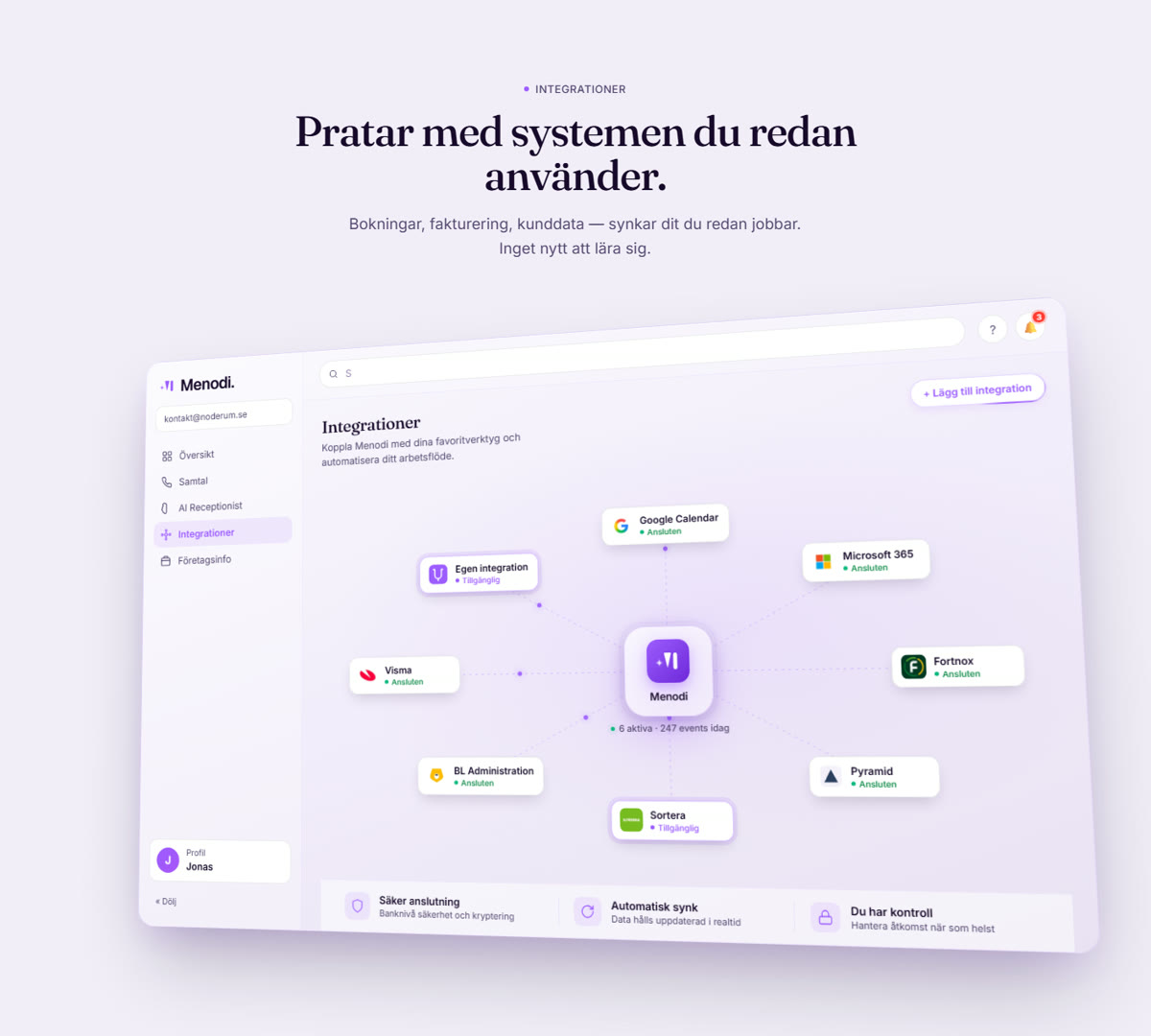 Menodis telefonväxel för företag — dashboard med integrationer: Google Calendar, Microsoft 365, Fortnox, Visma
