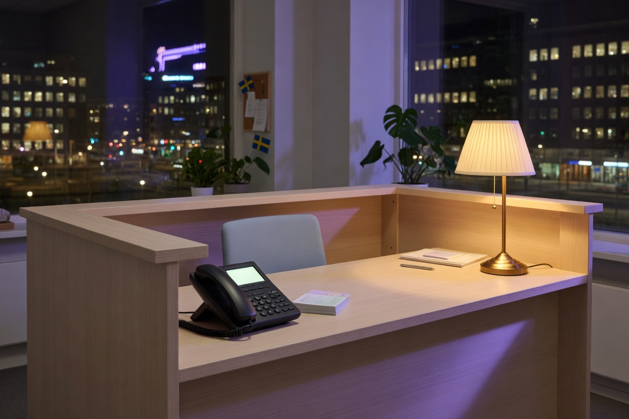 Tom reception på kvällen med ringande telefon — AI-receptionist från Menodi svarar dygnet runt