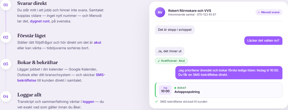 AI-receptionist för takläggare — Menodi kvalificerar tak & plåt-samtalet, bokar jobbet och skickar SMS-bekräftelse